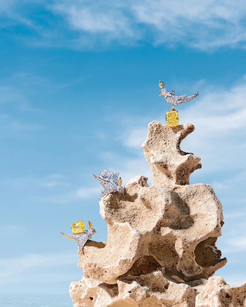 Tiffany & Co.石上鳥高級珠寶系列逾11克拉濃彩黃鑽胸針；石上鳥高級珠寶系列黃鑽與白鑽耳環，both by Tiffany & Co.。