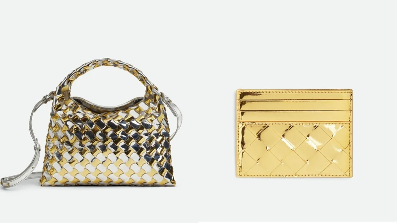 HOP 金銀雙色編織皮革手提斜背包 NT.98700、INTRECCIATO 金色編織皮革卡夾 NT.16400 HOP 金銀雙色編織皮革手提斜背包 NT.98700、INTRECCIATO 金色編織皮革卡夾 NT.16400