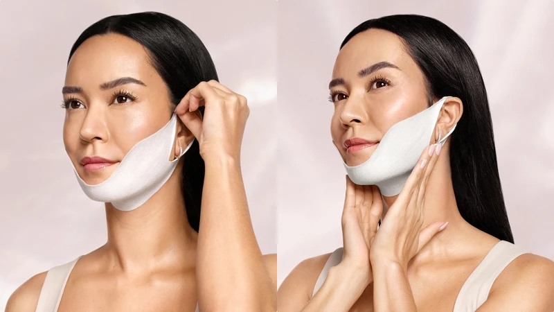 RéVive緊緻胜肽V臉膜使用示意圖。