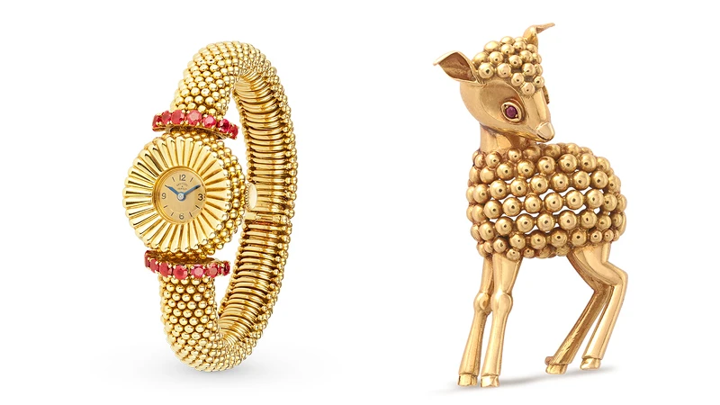 Couscous腕錶，1949年黃K金、紅寶石；Little doe胸針，1956年黃K金、紅寶石(Van Cleef & Arpels Collection)。