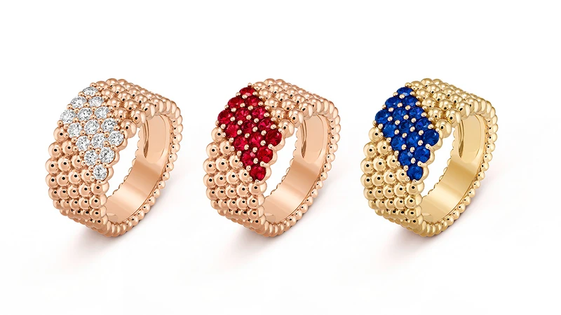 Perlee玫瑰金鑲嵌鑽石戒指、Perlée couleurs 5排玫瑰金圓珠鑲嵌紅寶石設計戒指、Perlée couleurs 5排黃K金圓珠鑲嵌藍寶石設計戒指。 