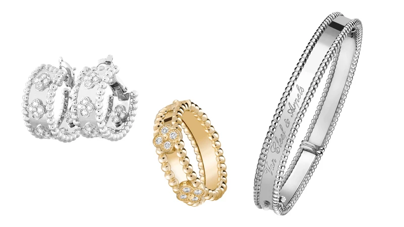 Perlee Clovers白K金鑽石耳環，Perlee Sweet Clovers黃K金鑽石戒指，Perlee Signature白K金手環。