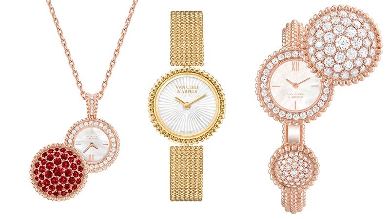 Perlée secret吊墜錶玫瑰金、紅寶石、白色珍珠母貝、鑽石、瑞士製石英機芯；Perlee 腕錶，黃K金，珍珠母貝錶盤，石英機芯；Perlee Toi & Moi腕錶，玫瑰金，鑽石，珍珠母貝錶盤，石英機芯。