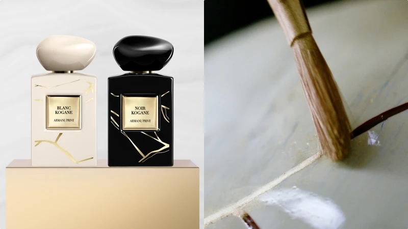 Giorgio Armani亞曼尼ARMANI PRIVE高級訂製香水寰遊系列璨白金繼＆黑冽金繼的瓶身設計，融入日本傳統金繼工藝。