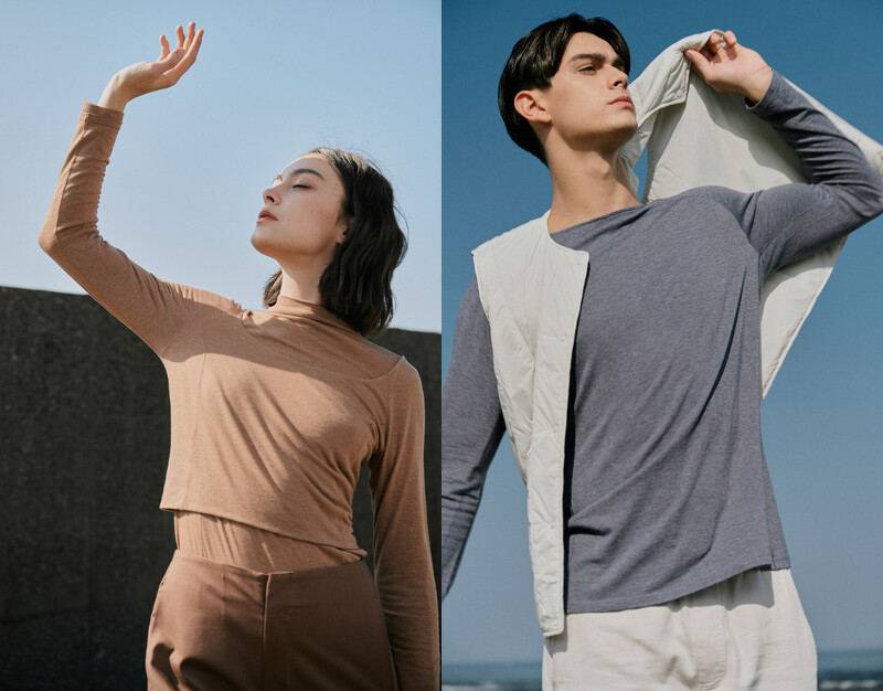 左：美麗諾羊毛小高領上衣，美麗諾羊毛U領短版上衣（七分袖） ，右：美麗諾羊毛圓領合身上衣