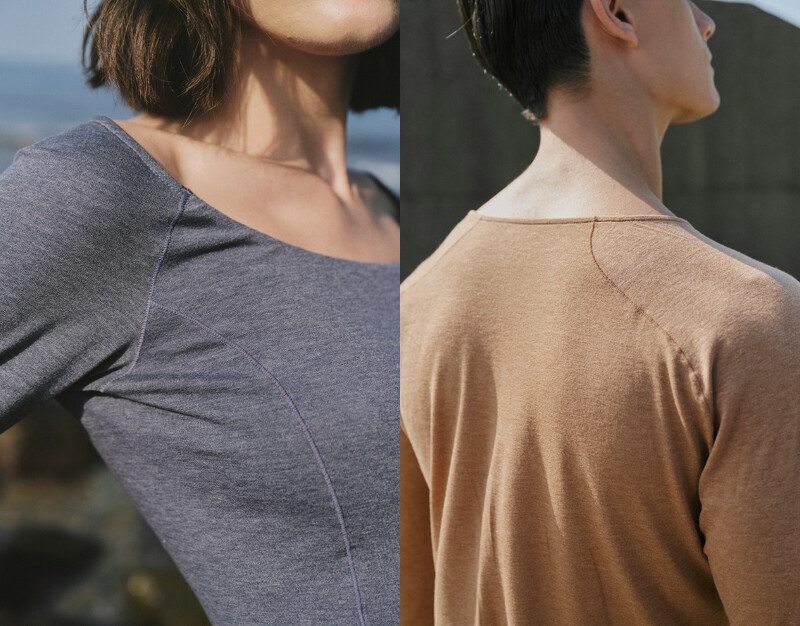 左：美麗諾羊毛U領短版上衣（七分袖），右：美麗諾羊毛圓領合身上衣