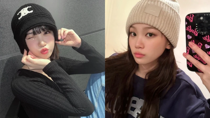 韓國女團 LE SSERAFIM 隊長金采源戴上毛帽凸顯精緻臉蛋。