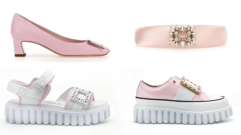 Trompette粉色淡金扣高跟鞋,NT29,900、RV Broche 膚金色緞面鑽扣髮箍,NT17,000、Viv_ Go-Thick 馬卡龍粉白撞色科技布料厚底涼鞋,NT43,000、Viv_ Go-Thick 粉色帆布白色小羊皮黑邊鑽扣休閒鞋,NT56,000 Trompette粉色淡金扣高跟鞋,NT29,900、RV Broche 膚金色緞面鑽扣髮箍,NT17,000、Viv_ Go-Thick 馬卡龍粉白撞色科技布料厚底涼鞋,NT43,000、Viv_ Go-Thick 粉色帆布白色小羊皮黑邊鑽扣休閒鞋,NT56,000