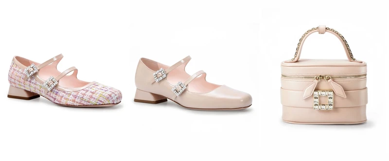 Trés Vivier 櫻花粉毛呢瑪莉珍鞋,NT51,000、Trés Vivier 牛奶糖色瑪莉珍鞋,NT51,000、Vanity 牛奶糖色鑽扣化妝包,NT59,900 Trés Vivier 櫻花粉毛呢瑪莉珍鞋,NT51,000、Trés Vivier 牛奶糖色瑪莉珍鞋,NT51,000、Vanity 牛奶糖色鑽扣化妝包,NT59,900