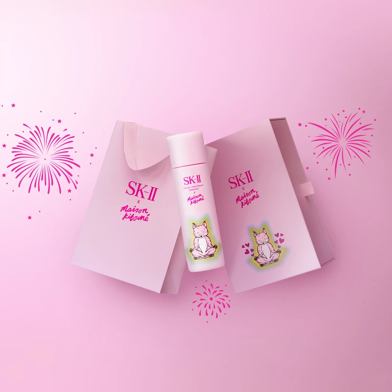 SK-II x Maison Kitsuné限量版青春露粉紅瓶禮盒包裝。