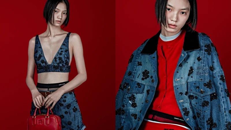模特兒 Huijia Chen 在 Jet Swan 的掌鏡下，拍攝一系列形象，為 2024 Miu Miu Upcycled 系列注入嶄新的活力。