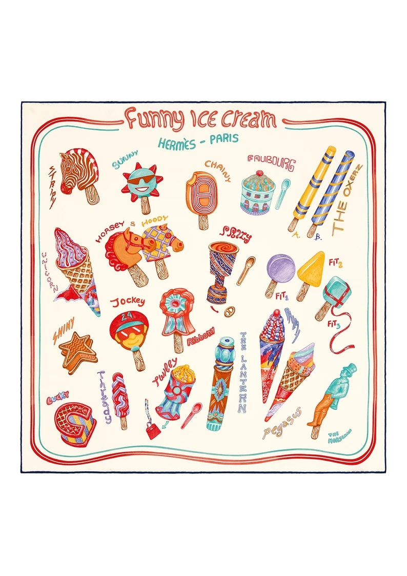 Funny Ice Cream 圖紋印花真絲仿古方巾 (70 x 70 公分) NT.14,000