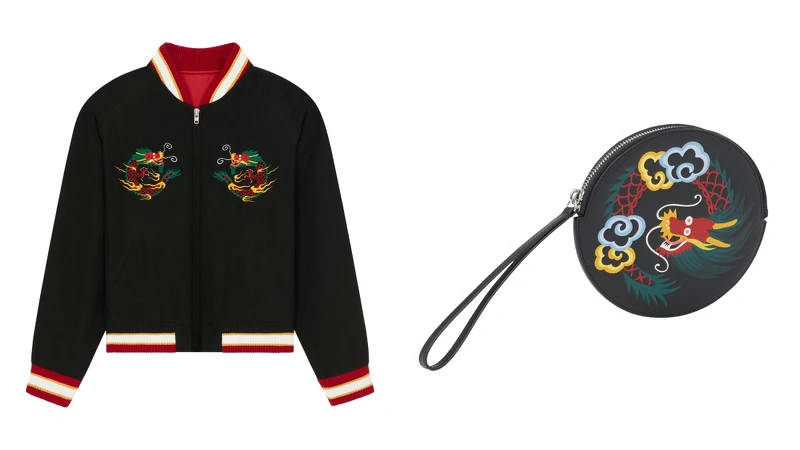 虎龍舞韻黑色雙面橫須賀外套 $57,800、龍繡綵云黑色手拿包 NT.10,800