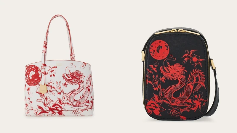 紅白龍紋印花托特包 NT.67,900、黑紅龍紋斜背小包 價格店洽