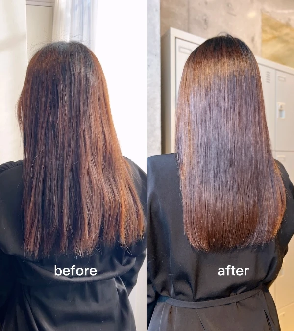 洗髮前與使用黎萊雅髮芯修護強化系列後的頭髮對比圖。