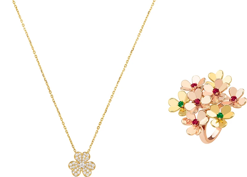 Frivole 吊墜小型款，(黃K金、圓鑽)。Frivole 8花戒指(黃K金、玫瑰金、紅寶石、祖母綠)。
