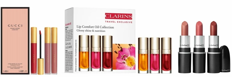 GUCCI古馳三入組傾色雲霧唇釉春季禮盒特惠組NT3,900。CLARINS克蘭詩植萃凝亮潤唇油特惠組NT2,260。M.A.C經典熱吻迷你唇膏三支裝NT1,530 GUCCI古馳三入組傾色雲霧唇釉春季禮盒特惠組NT3,900。CLARINS克蘭詩植萃凝亮潤唇油特惠組NT2,260。M.A.C經典熱吻迷你唇膏三支裝NT1,530