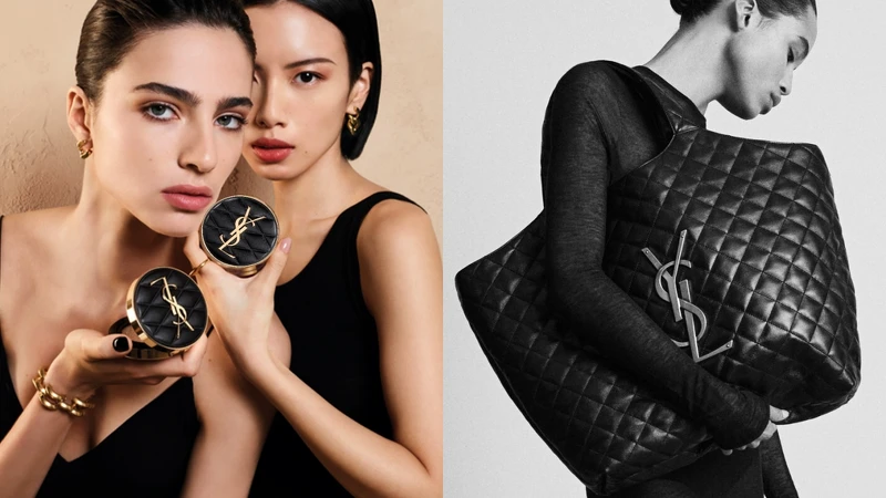 2024 YSL恆久完美霧光氣墊粉餅高訂菱格版與SAINT LAURENT「ICARE」購物包款。