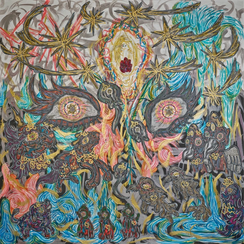 小松美羽 Miwa Komatsu, 靈魂的覺醒 Awakening of the Spirit, 2023, 壓克力、畫布 Acrylic on canvas, 259.0 × 259.0 cm 小松美羽 Miwa Komatsu, 靈魂的覺醒 Awakening of the Spirit, 2023, 壓克力、畫布 Acrylic on canvas, 259.0 × 259.0 cm