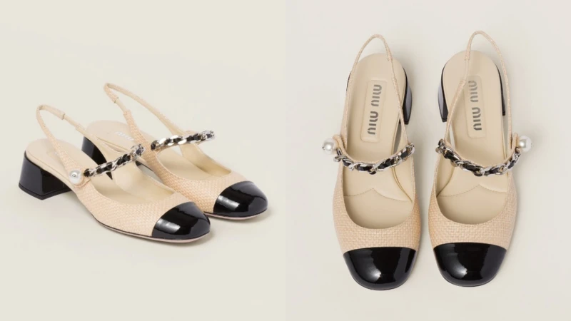 漆皮配拉菲草吊踭高踭鞋 NT.37,000