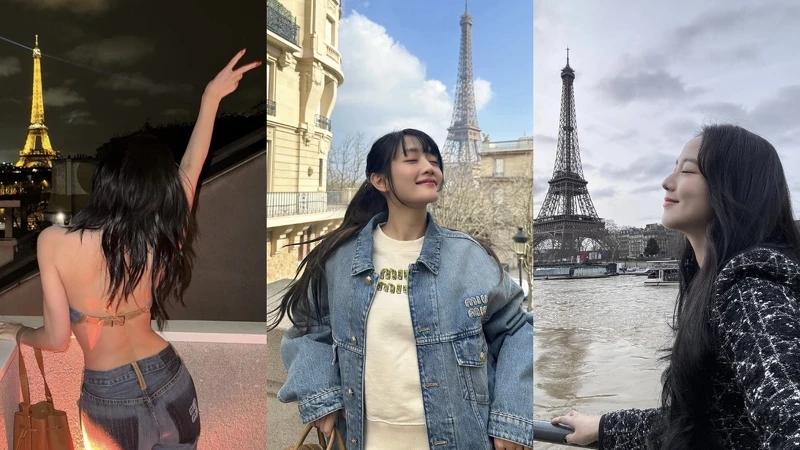 巴黎鐵塔象徵著浪漫花都，眾韓國女團成員也紛紛留下美麗倩影，Twice Momo 以性感裸背拍下這一刻，(G)I-DLE Minnie、Blackpink Jisoo也同樣以側臉角度留下當下幸福的樣子。