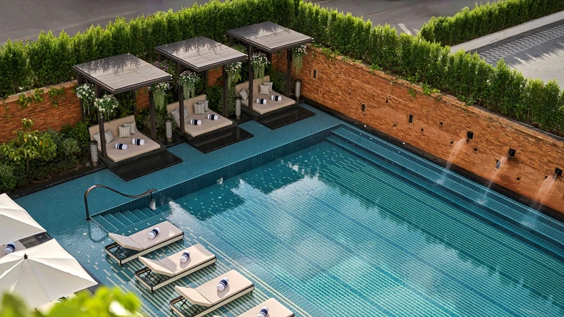 紅磚牆泳池鳥瞰視角