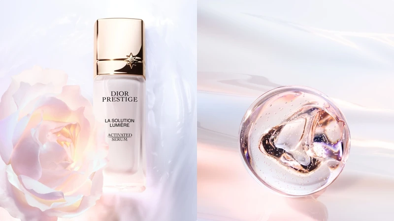 (左)Dior迪奧精萃再生光燦淨白精華30ml，NT17,200。(右)淨白玫瑰胜肽複合物情境圖。