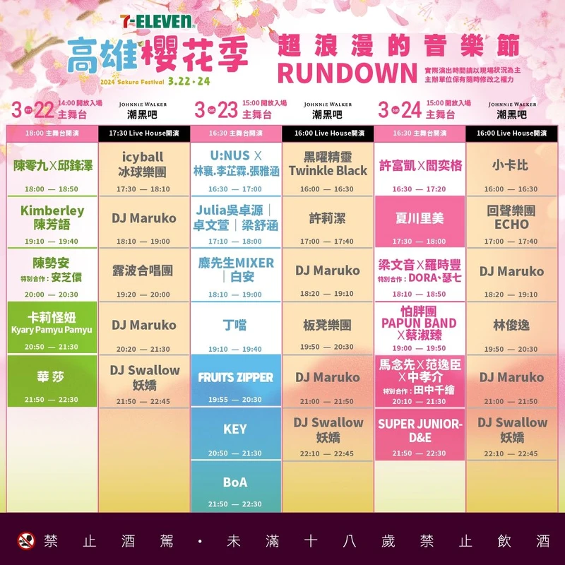 711「高雄櫻花季」三天演出卡司節目時間表 711「高雄櫻花季」三天演出卡司節目時間表