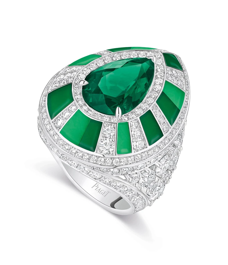 PIAGET Metaphoria 頂級珠寶系列Foliatura 18K白金祖母綠鑽石戒指,NT$12,100,000。 PIAGET Metaphoria 頂級珠寶系列Foliatura 18K白金祖母綠鑽石戒指,NT$12,100,000。