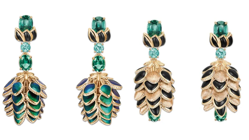 PIAGET Metaphoria 頂級珠寶系列Silua 18K玫瑰金綠碧璽鑽石耳環,NT$11,100,000。 PIAGET Metaphoria 頂級珠寶系列Silua 18K玫瑰金綠碧璽鑽石耳環,NT$11,100,000。