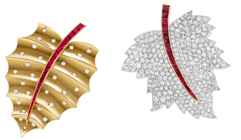 Heritage典藏系列Leaf胸針(1943年,黃K金、紅寶石、鑽石);Leaf胸針(1947年,鉑金、黃K金、白K金、紅寶石、鑽石)。 Heritage典藏系列Leaf胸針(1943年,黃K金、紅寶石、鑽石);Leaf胸針(1947年,鉑金、黃K金、白K金、紅寶石、鑽石)。
