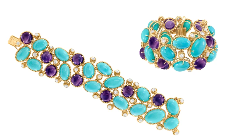 Heritage典藏系列 手鐲(黃K金、綠松石、紫水晶、鑽石)。 Heritage典藏系列 手鐲(黃K金、綠松石、紫水晶、鑽石)。