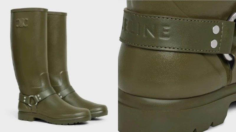 卡其色橡膠和小牛皮高級長筒雨靴,Celine。 卡其色橡膠和小牛皮高級長筒雨靴,Celine。