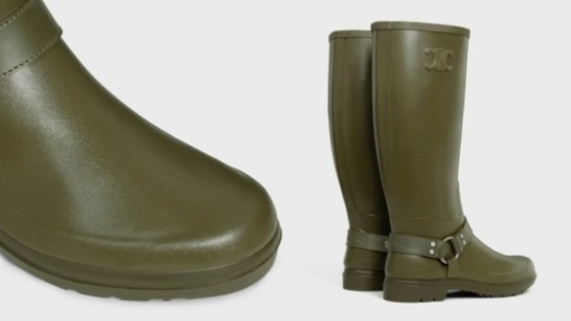 卡其色橡膠和小牛皮高級長筒雨靴,Celine。 卡其色橡膠和小牛皮高級長筒雨靴,Celine。