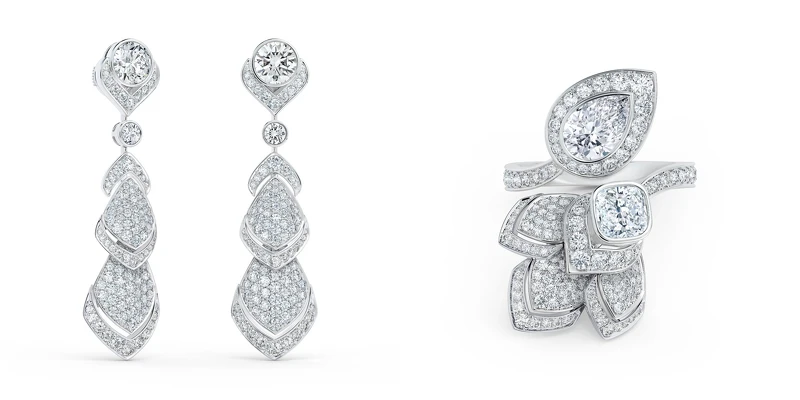Metamorphosis by De Beers 高級珠寶系列全新Spring 18K白金鑽石垂墜式耳環。（左圖）、Metamorphosis by De Beers 高級珠寶系列全新Spring 18K白金鑽石Toi et Moi戒指。（右圖）