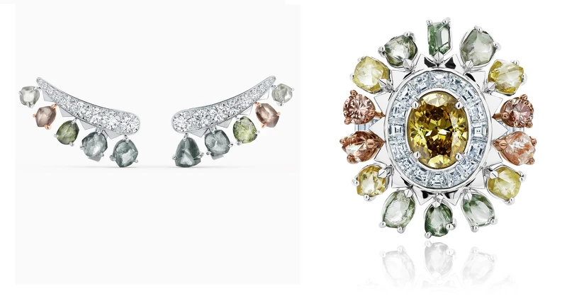 De Beers Portraits of Nature高級珠寶系列全新Okavango Chameleon 鑽石耳環。（左圖）、De Beers Portraits of Nature高級珠寶系列Knysna Chameleon 鑽石雞尾酒戒指。（右圖）