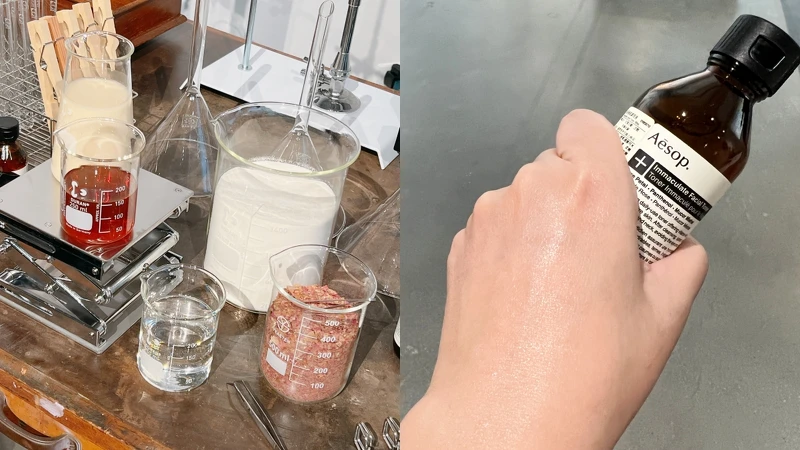 Aesop純淨無瑕調理液當中使用成份與質地示意。100ml，NT1,650