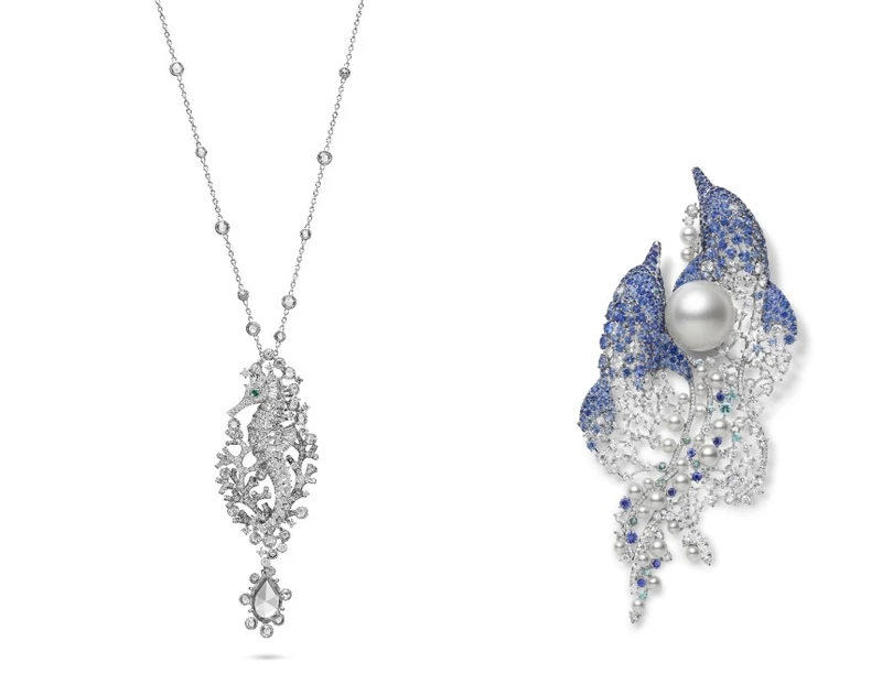 海馬造型鑽石墜鍊/胸針：18K白金，鑲嵌鑽石與祖母綠，其中包括一顆重約9.43克拉的鑽石，參考價格NT$ 8,640,000 海豚造型南洋珍珠鑽石胸針：18K白金，鑲嵌鑽石、藍寶石、亞歷山大變色石、丹泉石與碧璽，搭配日本Akoya珍珠(尺寸約3.00-6.00mm)與一顆南洋珍珠(尺寸約19.10*19.00mm)，參考價格NT$ 12,100,000