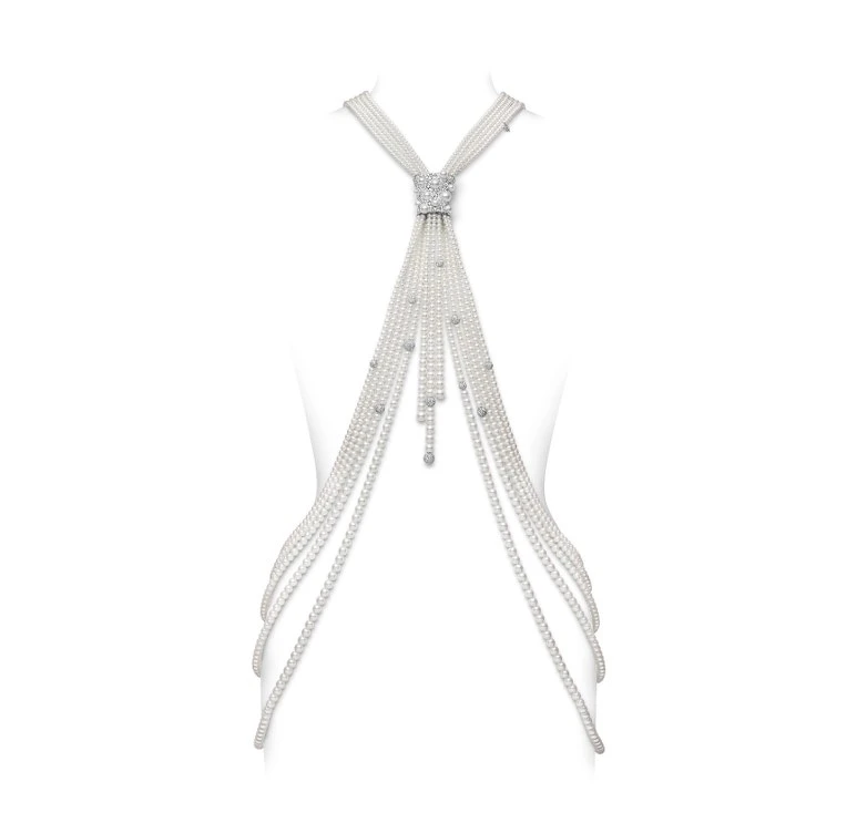 項鍊：18K白金鑲嵌鑽石總重約23.23克拉，搭配日本Akoya珍珠(尺寸約4.00-9.49mm)，參考價格NT$ 8,420,000