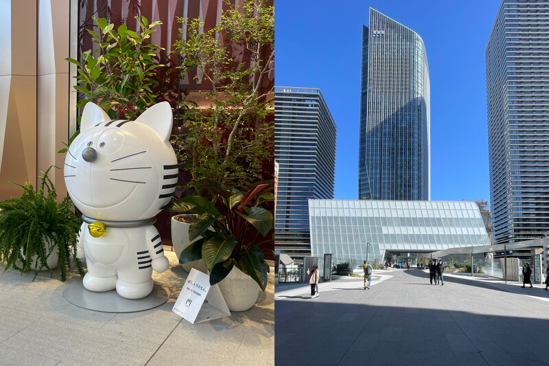 左為因為與虎之門的日文類似發音而隨處可見的限定版白色哆啦 A夢。右為連結大樓的通道走廊。