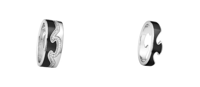 FUSION系列兩件式戒指,18K白金、鑽石及HYCERAM黑陶瓷,建議售價新台幣$123,100起;FUSION系列外圈戒指,18K白金及HYCERAM黑陶瓷,建議售價新台幣$41,000 FUSION系列兩件式戒指,18K白金、鑽石及HYCERAM黑陶瓷,建議售價新台幣$123,100起;FUSION系列外圈戒指,18K白金及HYCERAM黑陶瓷,建議售價新台幣$41,000