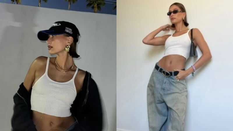 Hailey Bieber去年以一件白色短款背心搭配低腰牛仔寬褲,隨性卻性感十足。 Hailey Bieber去年以一件白色短款背心搭配低腰牛仔寬褲,隨性卻性感十足。