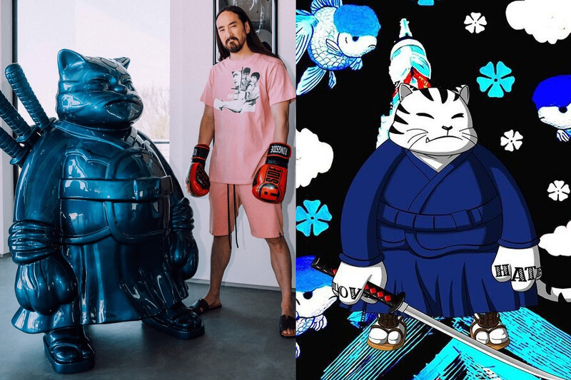  左 : 史蒂夫·青木與他收藏的安藤．希羅作品「Samuraicat」；右 : 安藤．希羅推出的NFT系列作品 