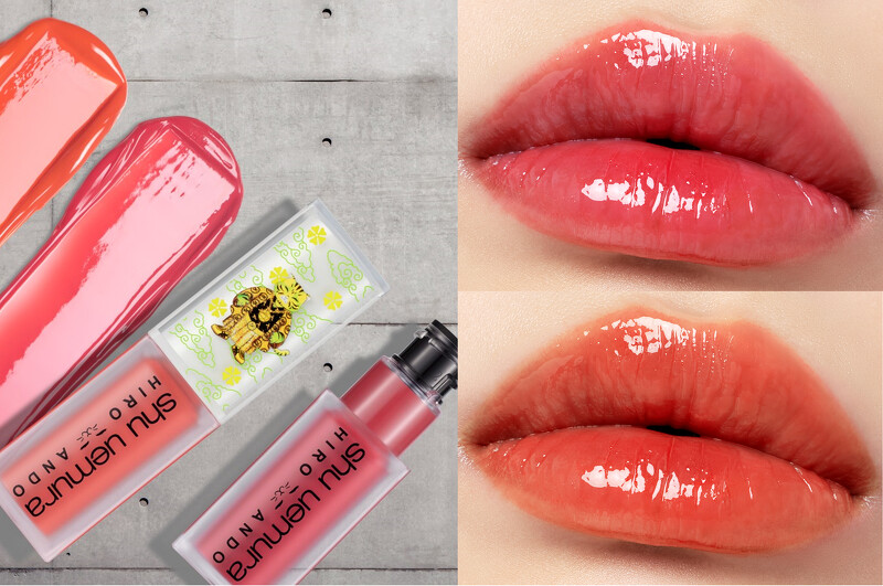  右上 : 無色限水光嫩唇露 雷門緋紅；右下 : 無色限水光嫩唇露 淺草杏橘