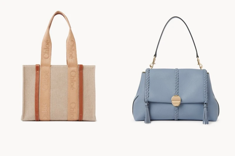 (左)台中大遠百Chloé Woody粉橘中型托特包，價格店洽。(右) 台中大遠百Chloé Penelope粉霧藍中型肩背手提包，價格店洽。