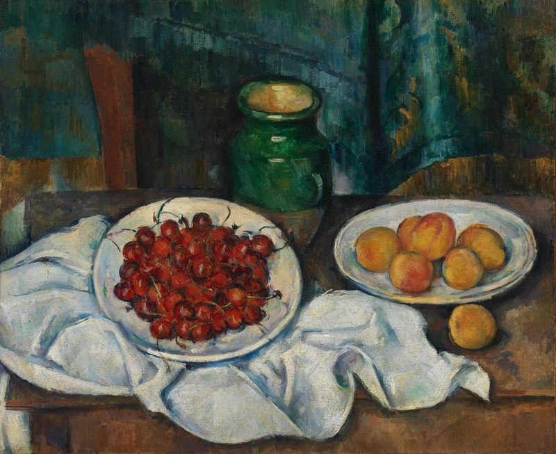 塞尚 (Paul Cézanne, 1839-1906)〈桃子與櫻桃的靜物畫〉，作於1885-1887年，油畫畫布，50 x 61 cm，Los Angeles County Museum of Art, Gift of Adele R. Levy Fund, Inc., and Mr. and Mrs. Armand S. Deutsch, photo © Museum Associates/LACMA。