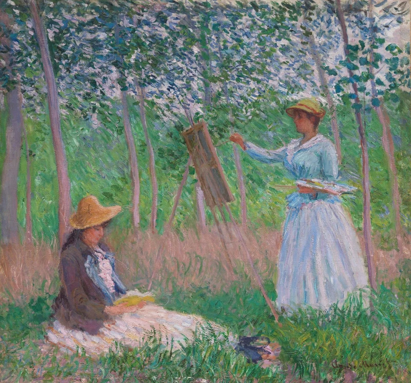 莫內 (Claude Monet, 1840-1926)，〈吉維尼的樹林中：畫架前的貝蘭榭．歐榭德與看書的蘇珊・歐榭德〉，作於1887年，油畫畫布，91 x 98 cm，Los Angeles County Museum of Art, Mr. and Mrs. George Gard De Sylva Collection, photo © Museum Associates/LACMA。