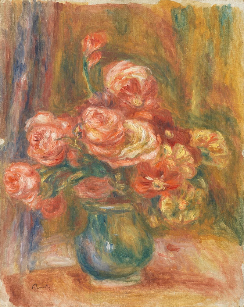 雷諾瓦 (Pierre-Auguste Renoir, 1841-1919)，〈裝著玫瑰的花瓶〉，約作於1890-1900年，油畫畫布，58 x 43 cm，Los Angeles County Museum of Art, Gift of Jean and Dido Renoir, photo © Museum Associates/LACMA。 