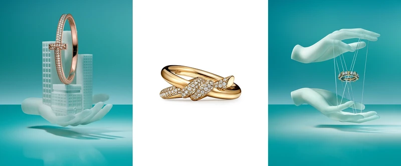 Tiffany T系列手環、Tiffany Knot 18K金寬版鑲鑽戒指、Sixteen Stone系列