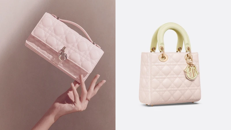 My Dior 淡粉色Cannage籐格紋迷你包 NT.88,000、Lady Dior 淡黃與淡粉小型包款 NT.195,000 My Dior 淡粉色Cannage籐格紋迷你包 NT.88,000、Lady Dior 淡黃與淡粉小型包款 NT.195,000